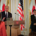 US President Joe Biden (L) and Japan Prime Minister Fumio Kishida (R) attend a press conference at the Akasaka Palace State Guest House in Tokyo on May 23, 2022. (Photo by Nicolas Datiche / POOL / AFP) (Photo by NICOLAS DATICHE/POOL/AFP via Getty Images)